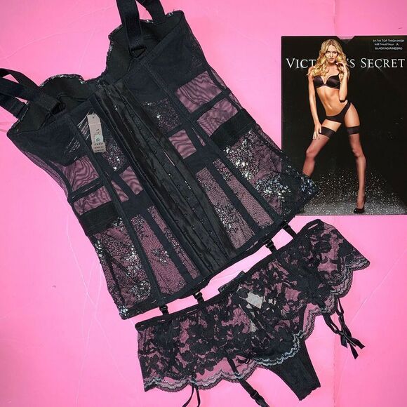 Victoria's Secret 32B GARTER corset+TEDDY one-piece+XS thong BLACK silver foil - Picture 8 of 8